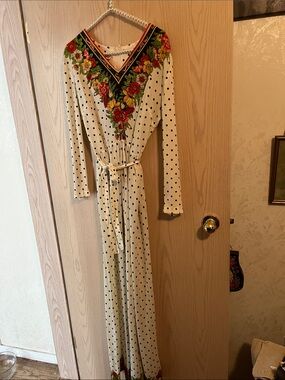 Cream Polka Dot Maxi Dress with Floral V-Neck and Waist Tie
